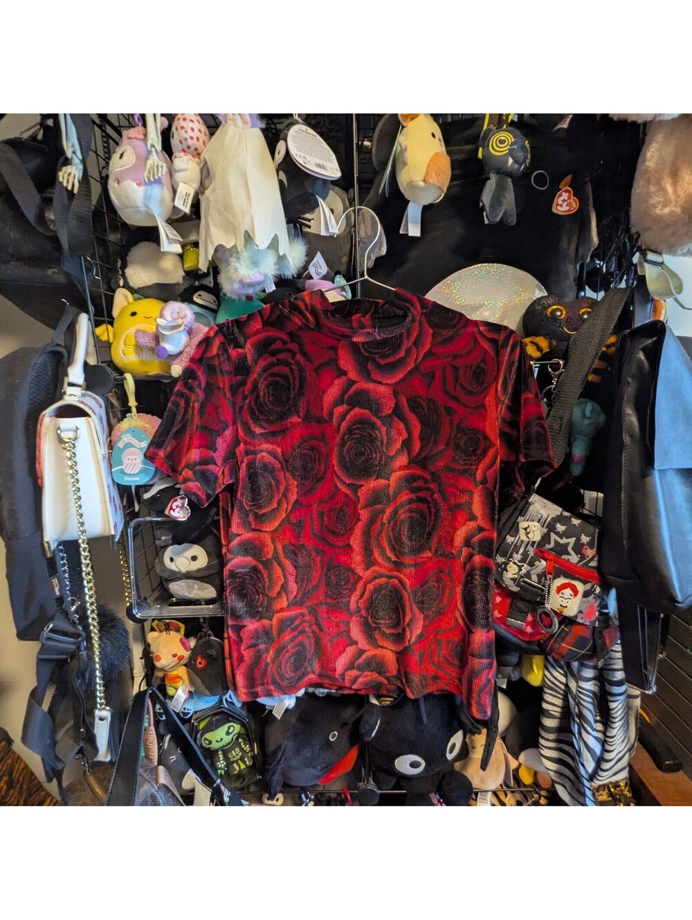 Red Black Rose Print Short Sleeve Top Grunge Goth